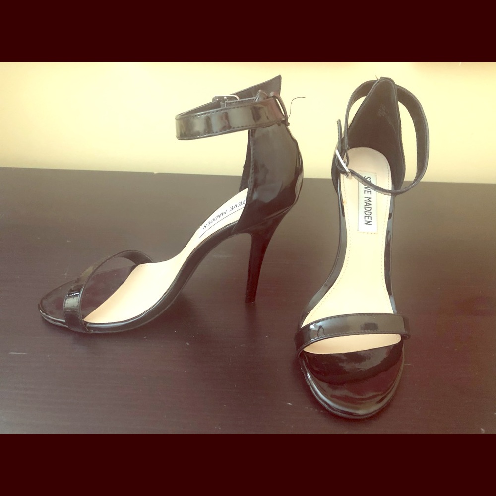 Steve Madden Realove Patent Black Ankle Strap Heel